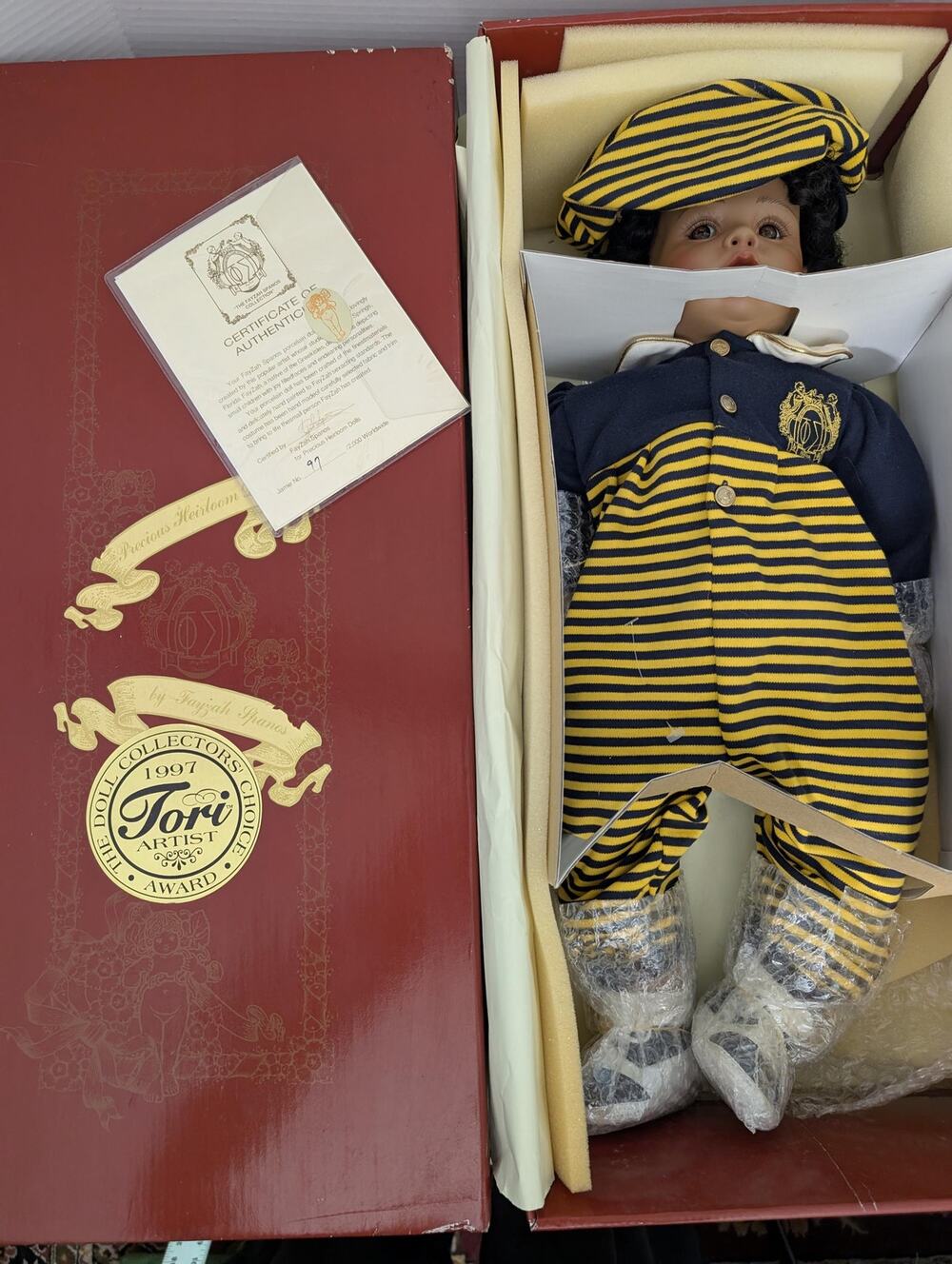 FayZah Spanos Jamie Black Porcelain Doll Sailor In Box COA